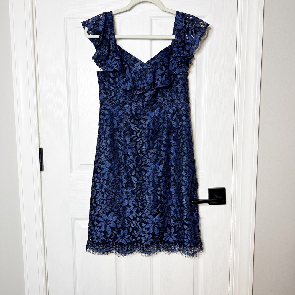 Trina Turk Lace Sheath Dress Womens 2 Blue Black Ruffle Floral Cocktail EUC